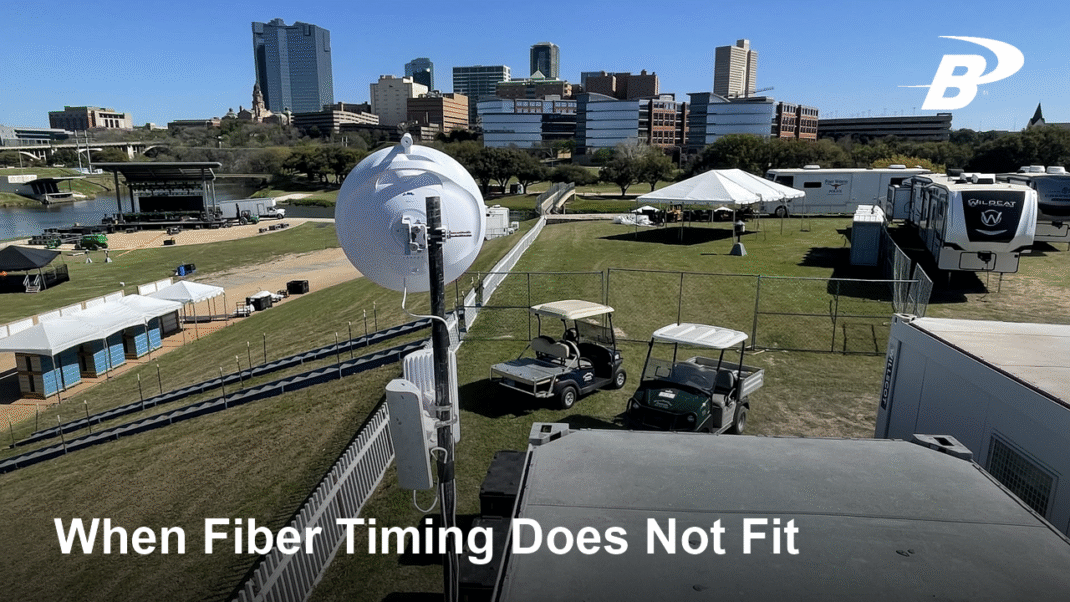 Fixed wireless antenna overlooking an outdoor event site, with the headline “When Fiber Timing Does Not Fit.”