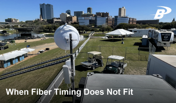 Fixed wireless antenna overlooking an outdoor event site, with the headline “When Fiber Timing Does Not Fit.”