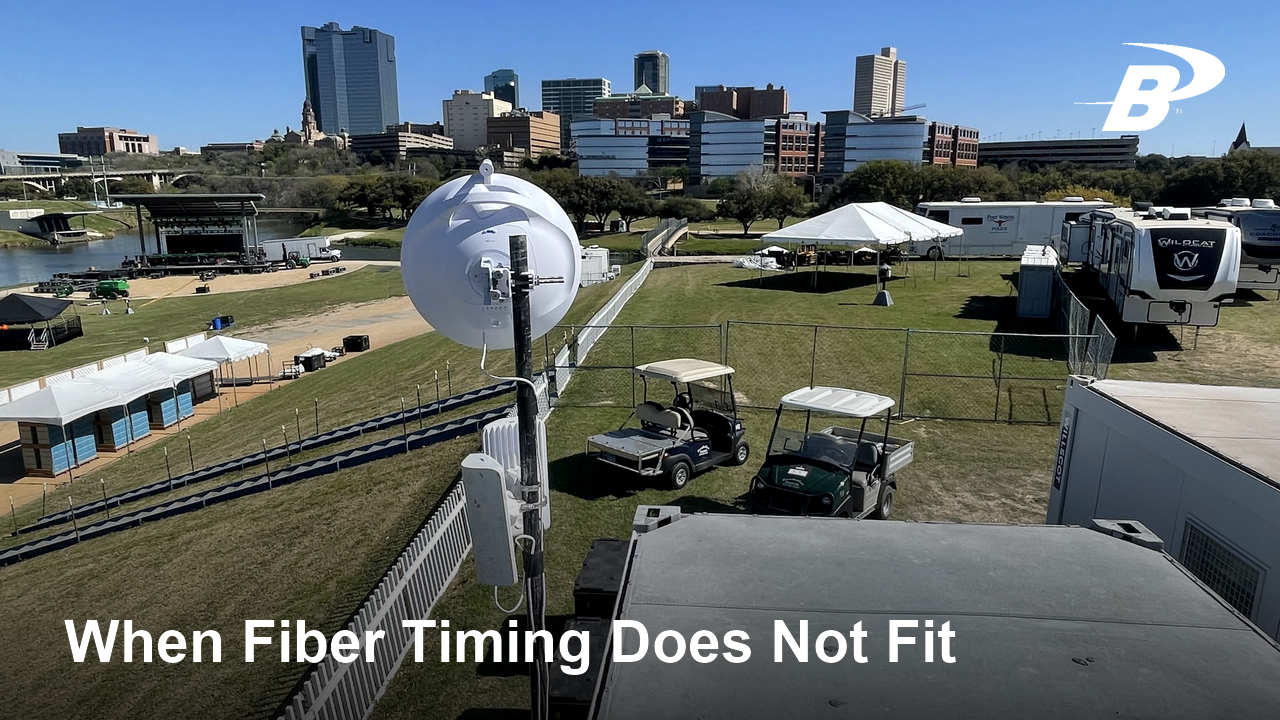 Fixed wireless antenna overlooking an outdoor event site, with the headline “When Fiber Timing Does Not Fit.”
